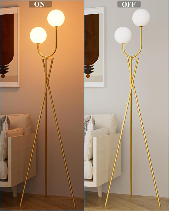 Lightdot Gold Floor Lamp Mid Century Tripod Floor Lamp with U-Stylish 2-Lights with 2Pcs 3000K G9 Bulbs Tripod Standing Lamps with Stable Base for Living Room/Sofa Sides/Corners