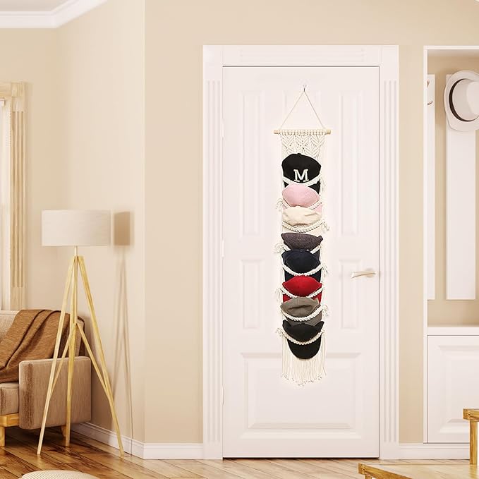 Baseball Cap Storage Over Door-1 Pack-Boho Macrame Cap Holder Wall Hat Organizer for Baseball Cap Holder, Hat Rack for Wall Hanging Hat Holder for Bohemian Bedroom Decor