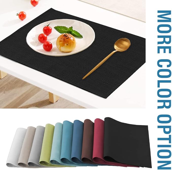 H.VERSAILTEX Linen Placemats Set of 6 Premium Solid Table Placemats for Dining Table Spill-Proof Waterproof Table Mats Heat-Resistant Kitchen Table Mats Washable, 12x18 inches, Black