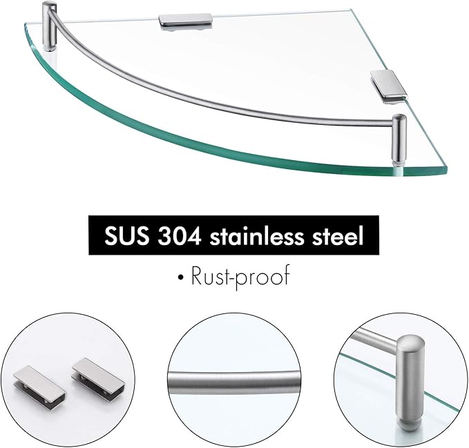 KES Glass Corner Shelf for Bathroom Corner Shelf 2 Pack Tempered Glass Shelf with Rail SUS 304 Stainless Steel Wall Mounted Brushed Finish, BGS2101A-2-P2