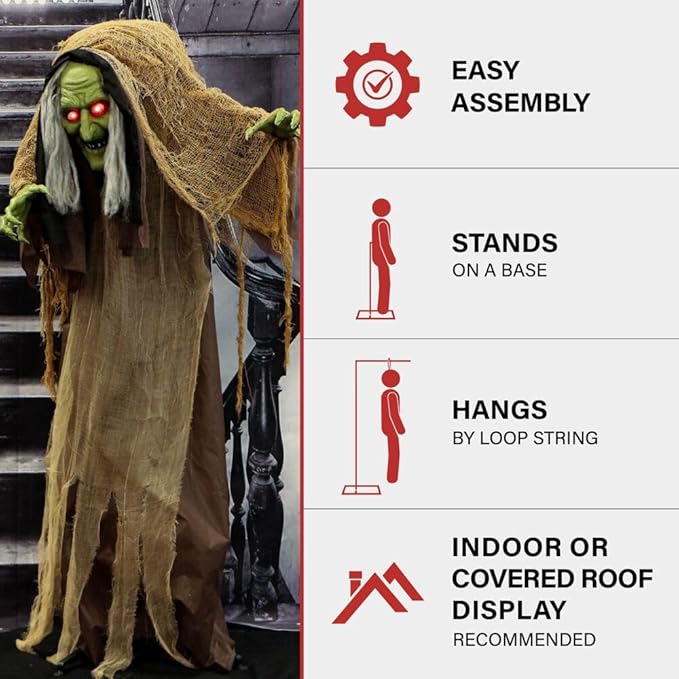 Haunted Hill Farm Talking Hunchback Witch, Halloween Animatronic with Movement and Lights for Battery Operated Scary Indoor or Covered Outdoor Halloween Decorations, Creepy Halloween Prop