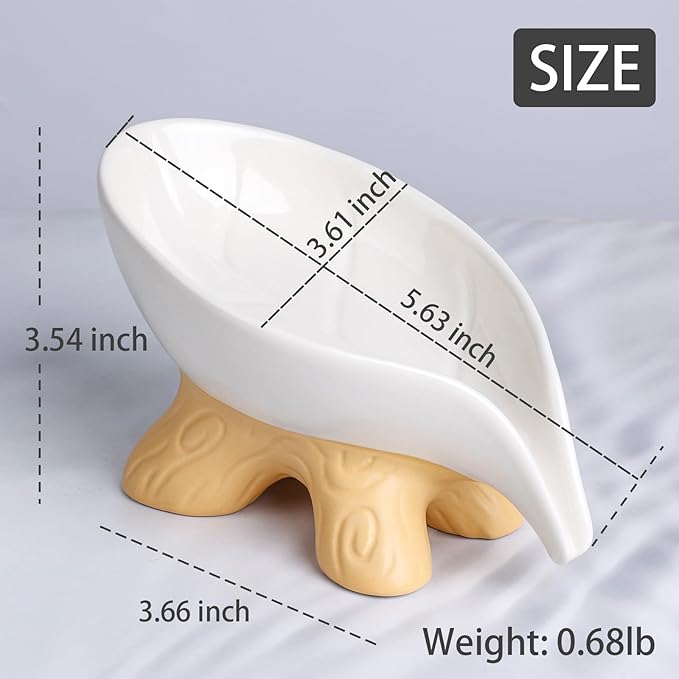 Soap Dish, Soap Holder Self Draining Leaf Shape Soap Dishes, Ceramic Draining Soap Dish for Bathroom Shower, White Farmhouse Soap Holder with Stump, ANTIS'S HOME