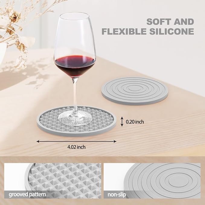 EAGMAK Coasters for Drinks Set of 8, Silicone Drink Coasters with Grooved Pattern, Non-Slip Base, Washable and Heat Resistant Coffee Coasters for Wooden Table, Desk, Kitchen, Office, Bar-Light Grey