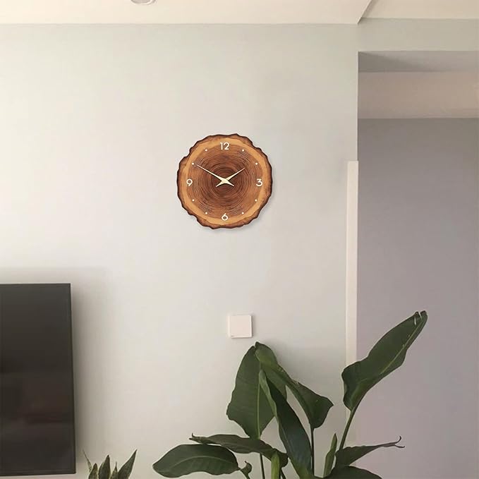 XNM Brown Wooden Clock Battery Operated 14 Inch Farmhouse Wall Clock for Bedroom Decor Rustic Annual Ring Wall Clock Silent (MDF No Solid Wood)