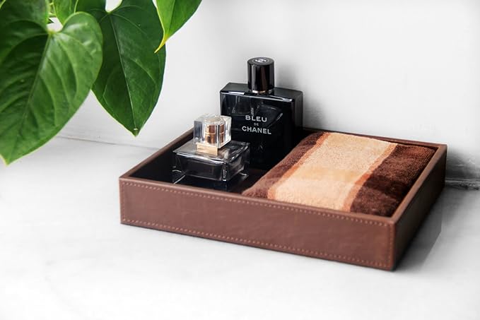 HofferRuffer Decorative Vanity Tray, Desktop Storage Organizer, Catchall Tray, Valet Tray, Nightstand or Dresser Organizer, PU Faux Leather Bathroom Tray, Brown, 10.2 x 8.4 x 1.8 inches