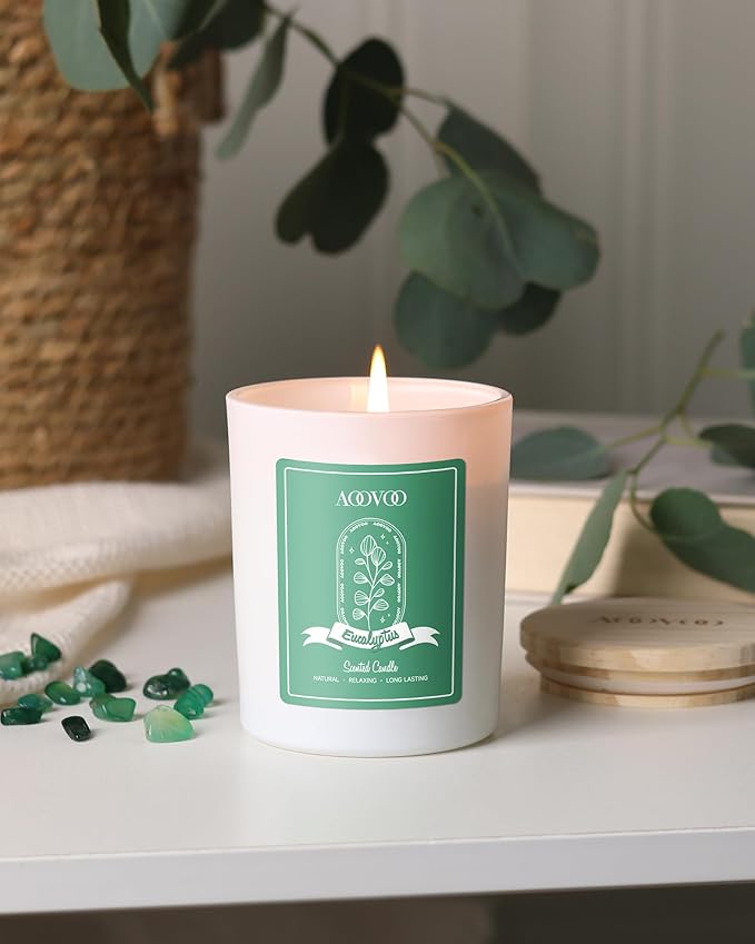 AOOVOO Eucalyptus Scented Candles for Women - Aromatherapy Candle with Crystals Inside, 7oz Soy Candles for Home Scented, Christmas Birthday Gifts Mothers Day Candle for Women Mom