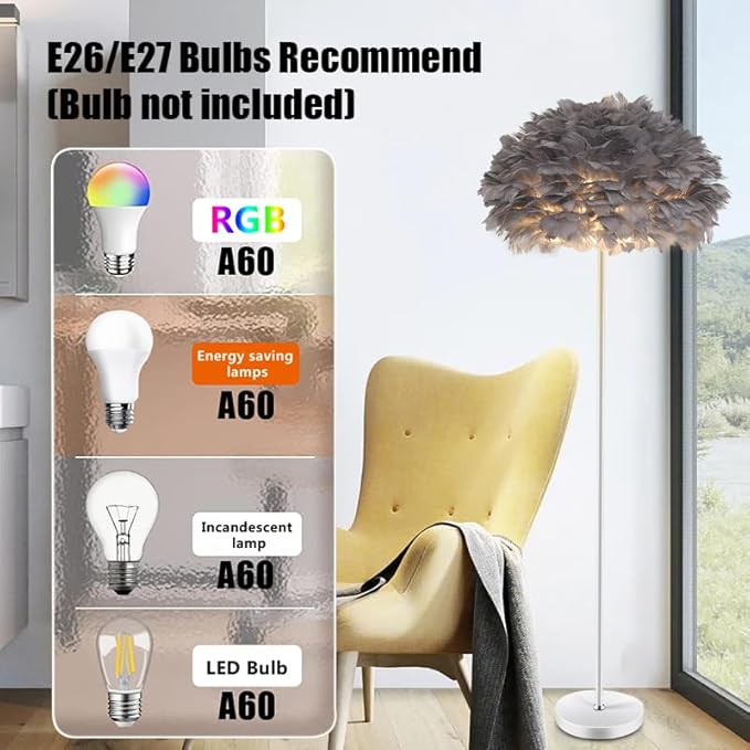 Feather Floor Lamp,Grey Floor Lamp for Bedroom,Unique Floorlamp Home Office Decor,Tall Lamps for Living Room,Goose Feather Lampshade,Modern Standing Lamps for Dinningroom,Corner,Behind Couch
