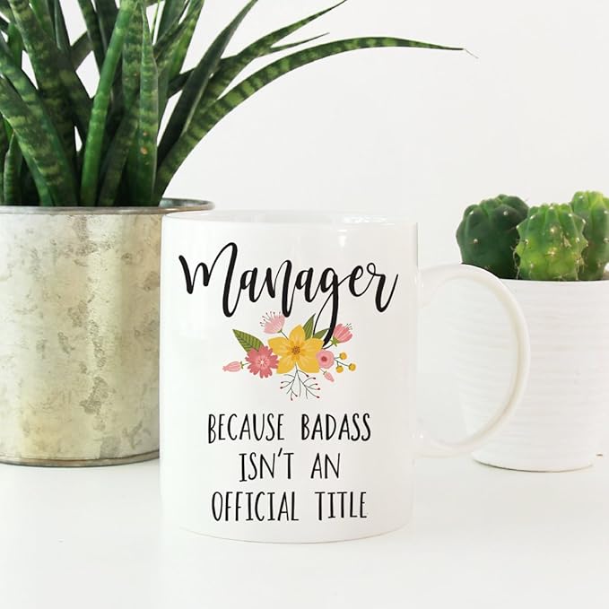 Andaz Press 11oz. Coffee Mug Gag Gift, Manager Because Badass Isn't an Official Title, Floral Graphic, 1-Pack
