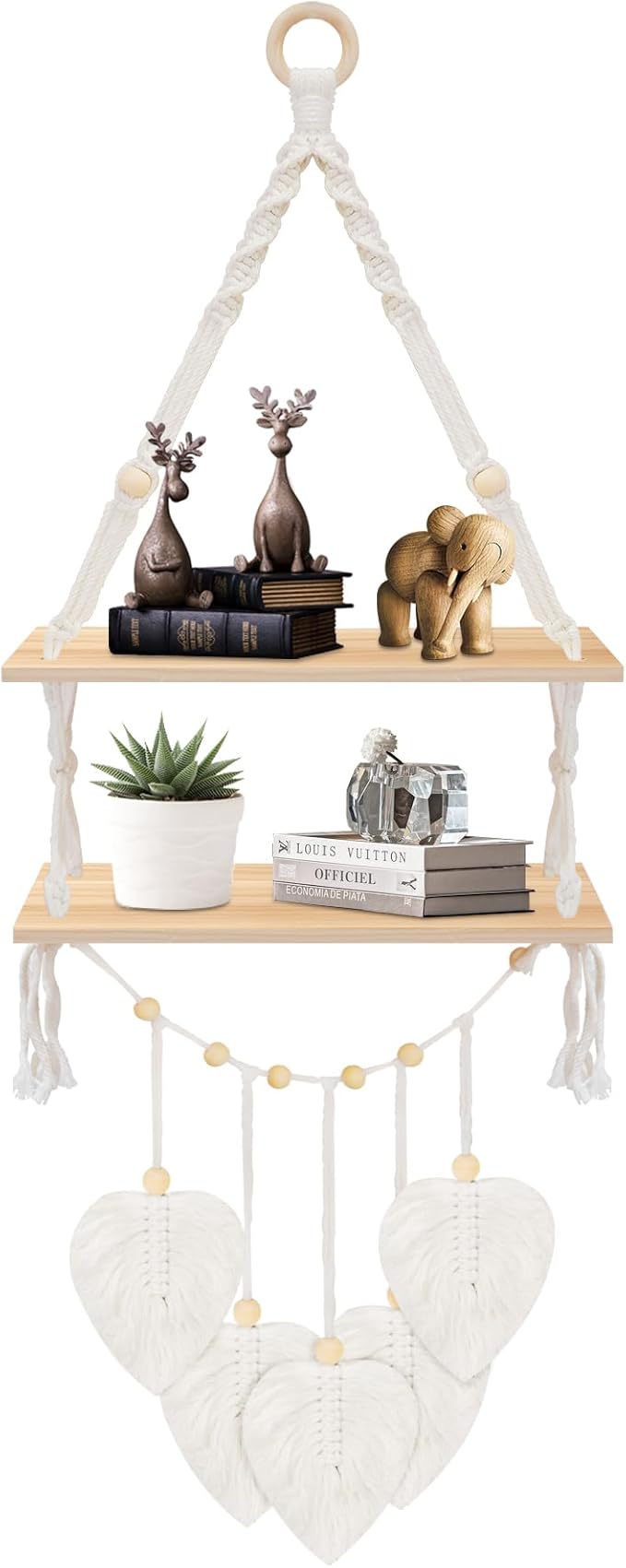 Macrame Plant Hanger,Boho Decor Floating Shelves with Leaves , Wood Floating Shelves for Wall No Drilling for Plants Photos,Girls Bedroom Decor Storage Shelf,Ideal Gifts for Housewarming (2 tier)