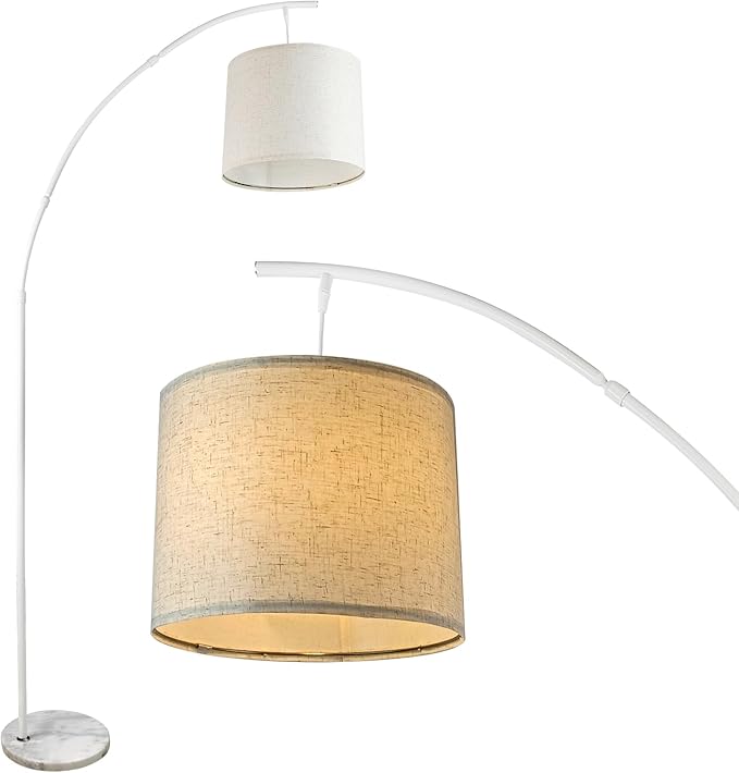Lightdot Arc Floor Lamps for Living Room, Modern Standing Lamp with Hanging Drum Shade, Tall Standing Floor Lamp with Foot Switch, Over Couch Arched Reading Light for Bedroom, Office (White)