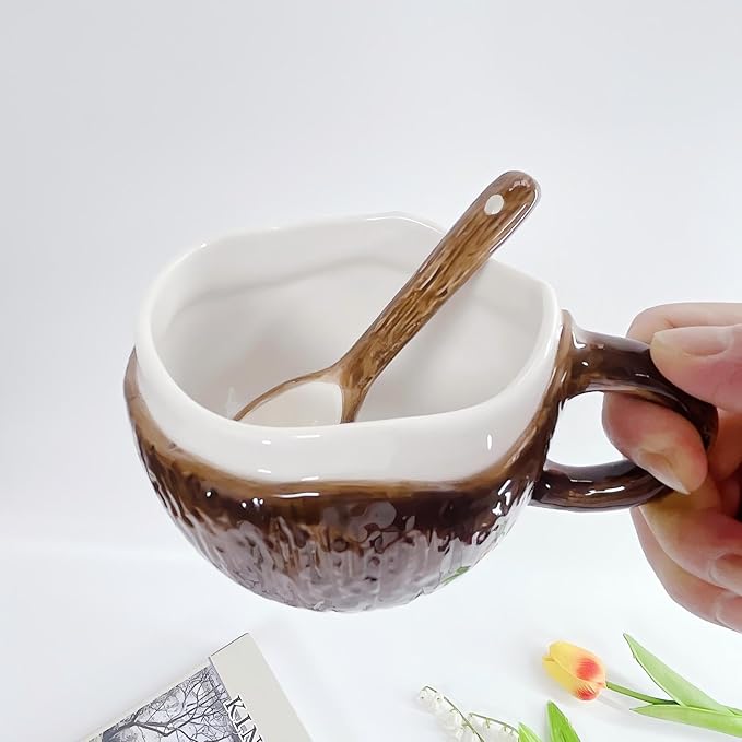 Ceramic Coffee Mug With Spoon, Coconut Cup, Novelty Mugs, Aesthetic Cups, Elegant Gift for Home Office, About 8.5-10 oz