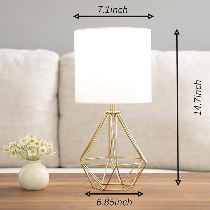 COTULIN Gold Modern Small Table Lamp for Bedroom & Living Room - Geometric Metal Base, White Fabric Shade, Ideal for Bedside & Kids' Desk, Nightstand Lamp
