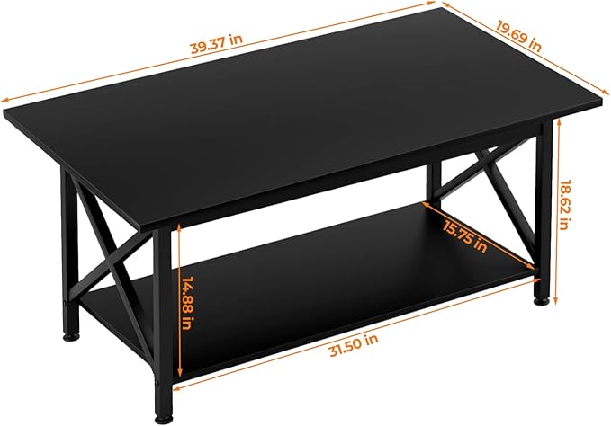GreenForest Black Coffee Table with Storage Shelf 39 inch, 2 Tier Rectangular Center Table for Living Room,Modern Farmhouse Small Table for Home Office,Easy Assembly