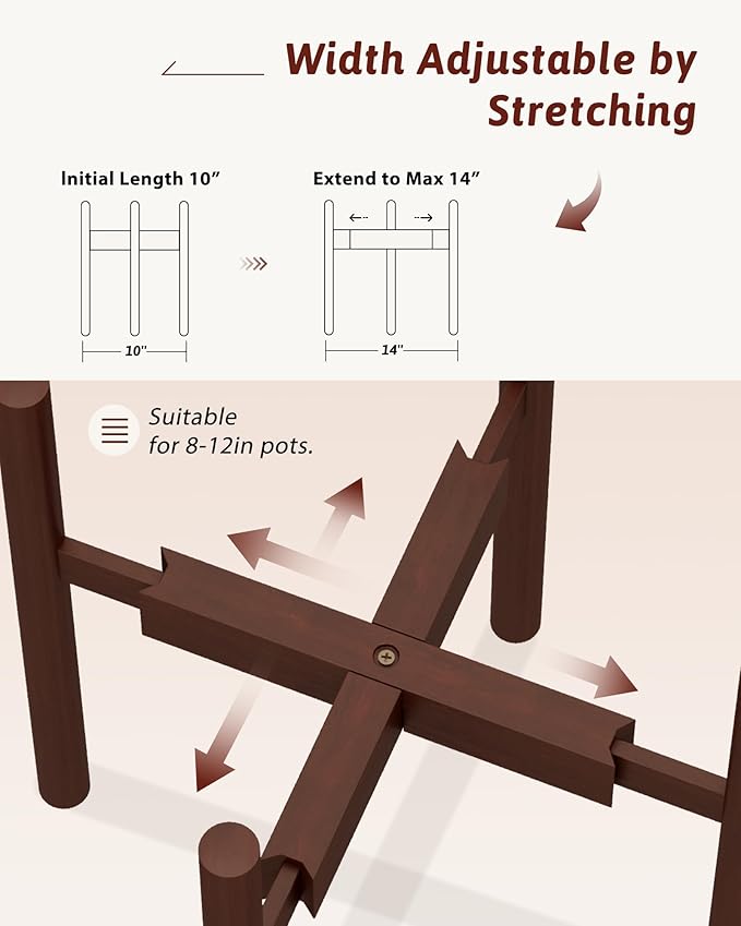 Adjustable Plant Stand Indoor, Bamboo Plant Stand Fits 8 9 10 11 12 Inches, Small Corner Planter Holder for Indoor Plants, Single Floor Plant Stands for Living Room Balcony, Reddish Brown
