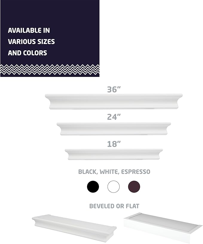 HIGH & MIGHTY 515654 Decorative 18" Floating Shelf Holds up to 15lbs, Easy Tool-Free Dry Wall Installation, Beveled, eCommerce Packaging, White