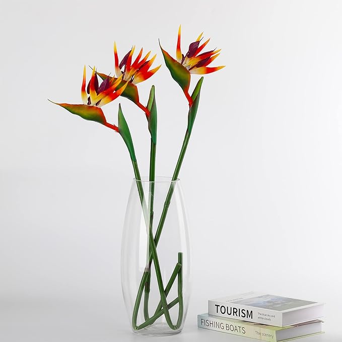 Bird of Paradise Artificial Flowers Rubber Strelitzia 32'in Long Stem Flower 3 Pcs,Suitable for DIY Home Decoration Party Theme Display (Orange red)