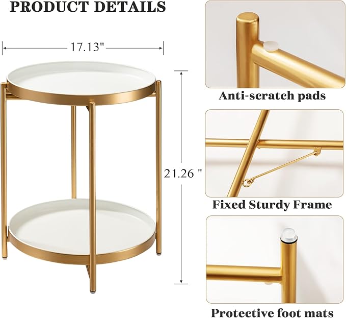 TeoKJ 2 Tier Gold Side Table, Folding Round Metal End Table Small Nightstand with Two Removable Tray for Bedroom Living Room Bedside Small Spaces Gold + White