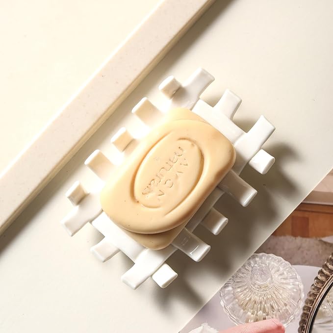 Ceramic Soap Dish with Self Drain for Shower, Bar Soap Holder to Lift and Keep Dry, Concave Design to Prevent Slipping, Suitable for Kitchen and Bathroom, White
