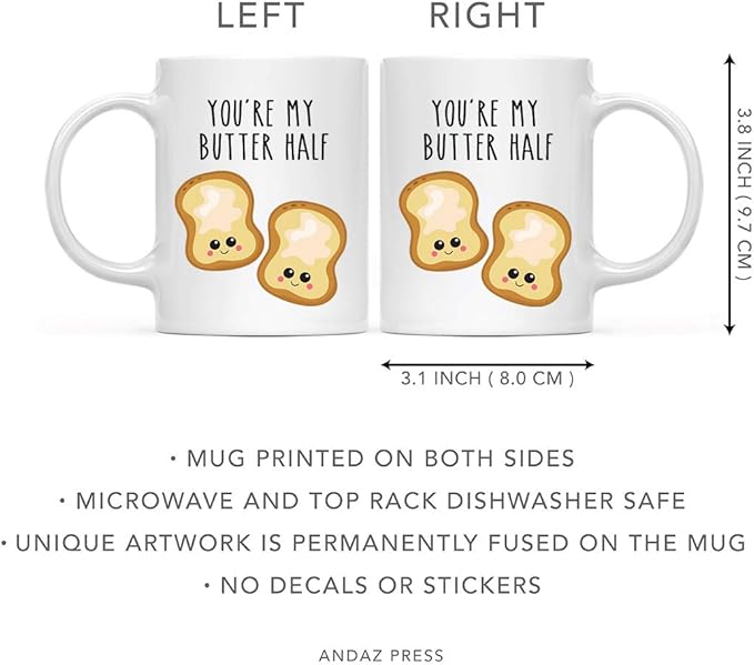 Andaz Press Valentine’s Day Funny 11oz. His Her Couples Coffee Mug Gift, You're My Butter Half, Bread Graphic, 1-Pack, Gift Box
