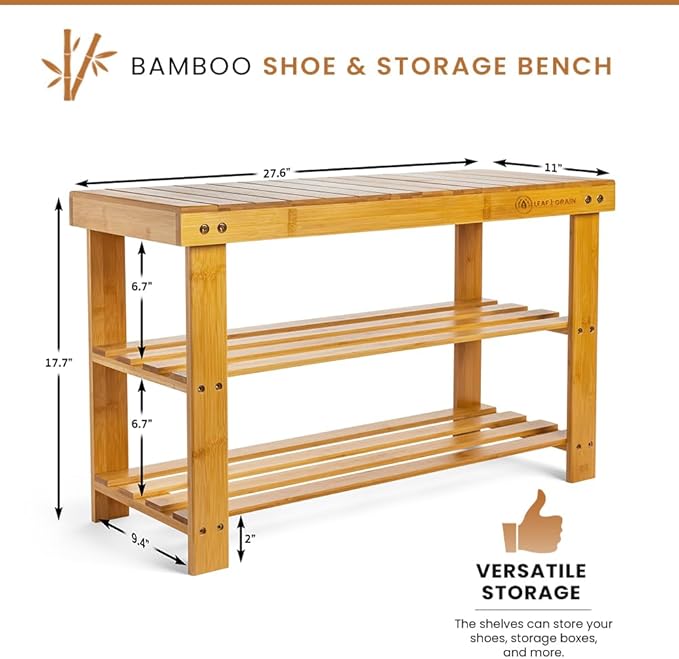Leaf & Grain Bamboo Shoe Rack - Shoe Storage Bench for Front Door Entrance - Entryway Bench with Shoe Shelf, Shoe Storage Organizer, Wooden Shoe Rack, Durable Shoe Bench for Home (Natural)
