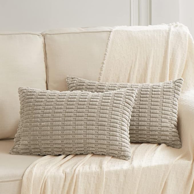 Fancy Homi 4 Packs Taupe Decorative Throw Pillow Covers 12x24 Inch for Living Room Couch Bed, Rustic Modern Farmhouse Boho Home Decor, Soft Plush Corduroy Cute Square Accent Cushion Case 30x60 cm