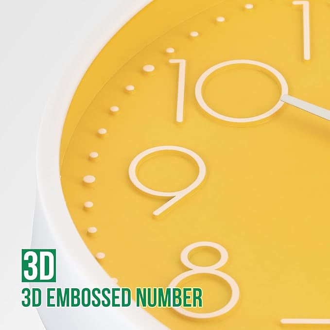 Wall Clock Non-Ticking Silent Modern Simple Style Round Decor Clock Stereoscopic Dial Quartz Wall Clocks for Home/Office/School/Living Room/Bedroom/Kitchen (Yellow, 8inch)