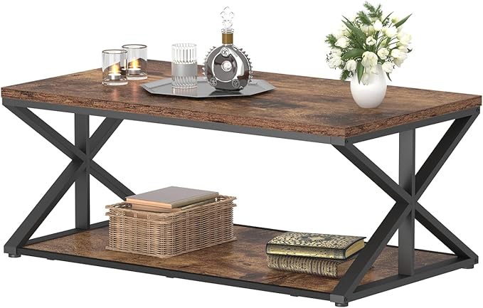 Coffee Table with Storage, Farmhouse Living Room Table, Modern Minimalist Rectangle Center Table, Industrial Vintage Wood Tea Table, 39 Inch, Rustic Brown