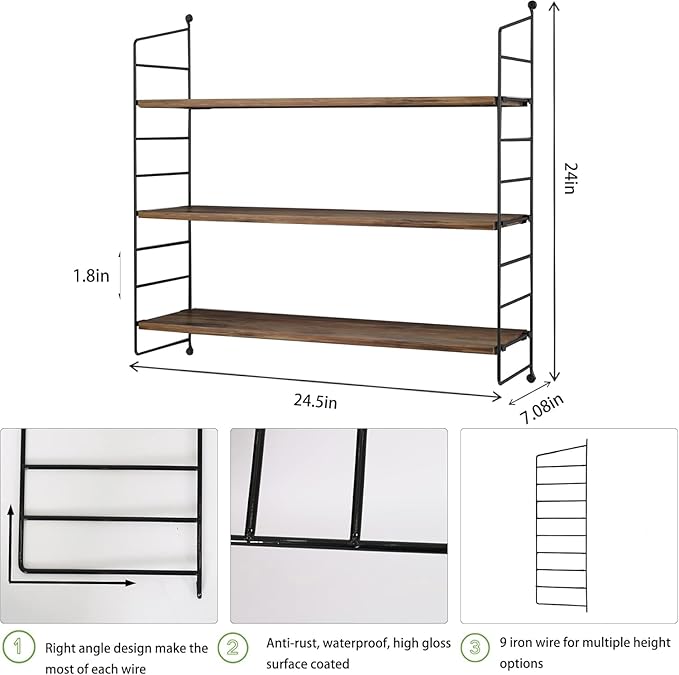 Floating Shelves Rustic Wood Wall Shelves Adjustable Metal Frame Decorative Hanging Storage Shelves for Bathroom, Living Room, Bedroom, Kitchen, Office 24 Inch (24 in)