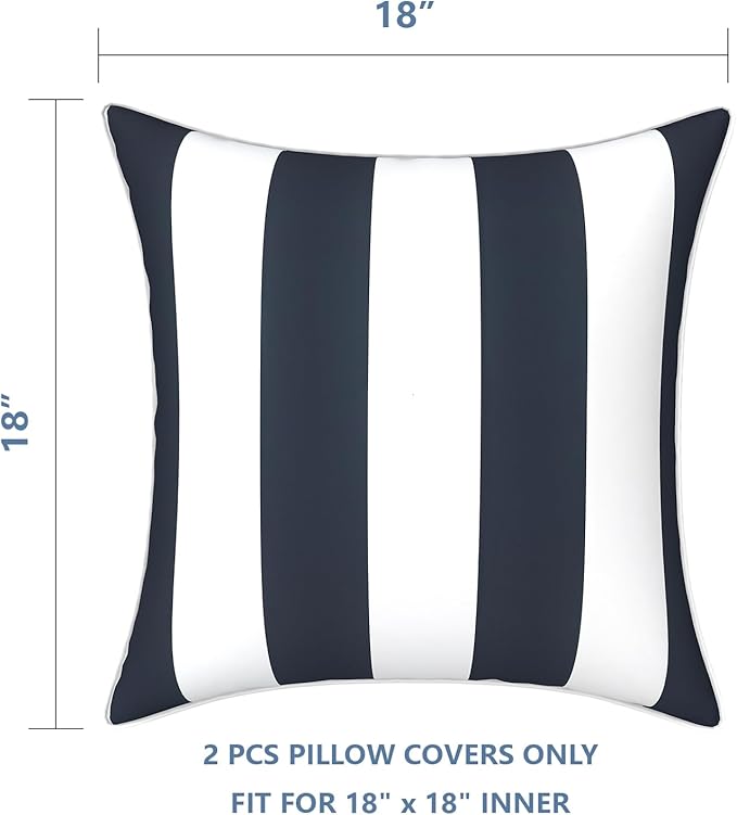 LVTXIII Outdoor Throw Pillow Covers Set of 2, Patio Waterproof Pillow Cases Fade Resistant Accent Pillow Covers for Home and Garden Furniture Decoration, 18"x18", Cabana Navy