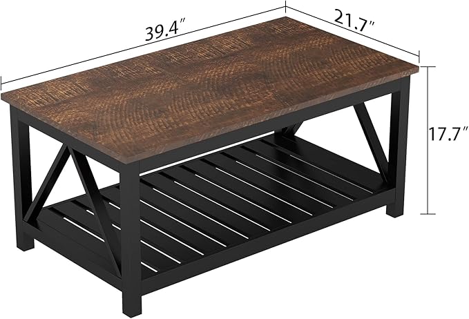 ChooChoo Black Coffee Table, Rustic Vintage Table with Shelf for Living Room, 40 Inch