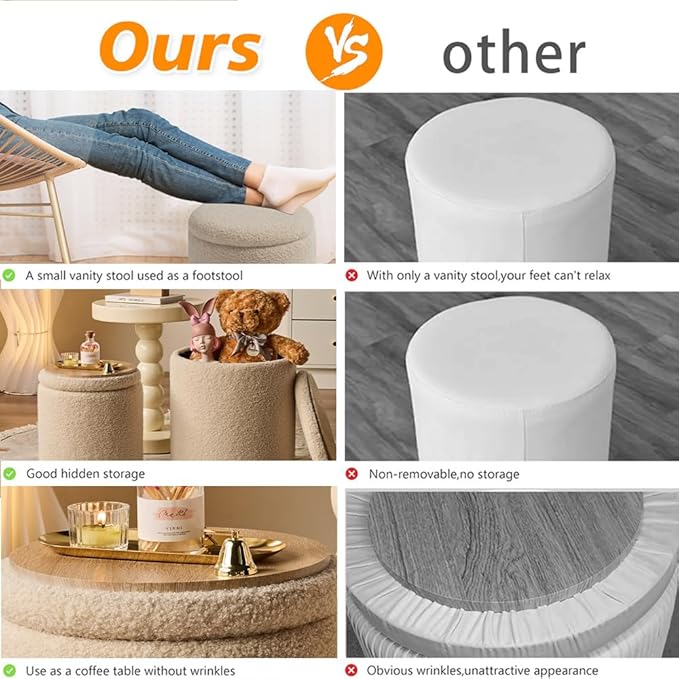 Round Ottoman with Storage Set of 2-Upholstered Velvet Vanity Stool for Makeup Multifunctional Ottomans Coffee Table Padded Seat Foot Rest for Living Room&Bedroom (Cream)
