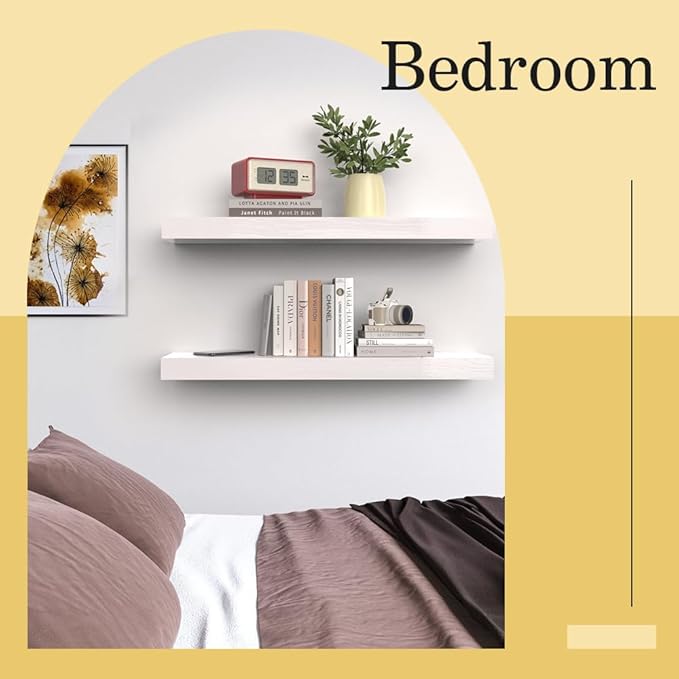 Habudda Floating Shelves for Wall, Natural Wood Shelf, 30 inch Long, White Wooden Rustic Decor for Bathroom Kitchen Bedroom, Hanging Mounted Invisible Bracket, Set of 2