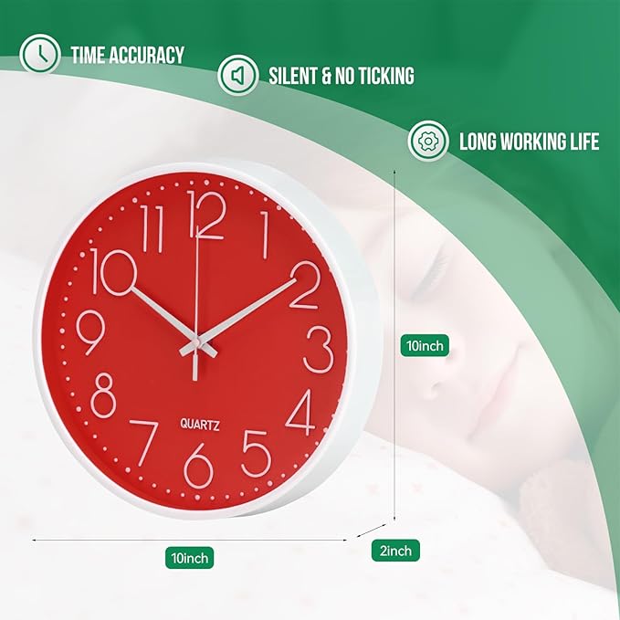 Wall Clock 10 Inch Non-Ticking Silent Modern Simple Style Round Decor Clock Red Stereoscopic Dial Quartz Wall Clocks for Home/Office/School/Living Room/Bedroom/Kitchen