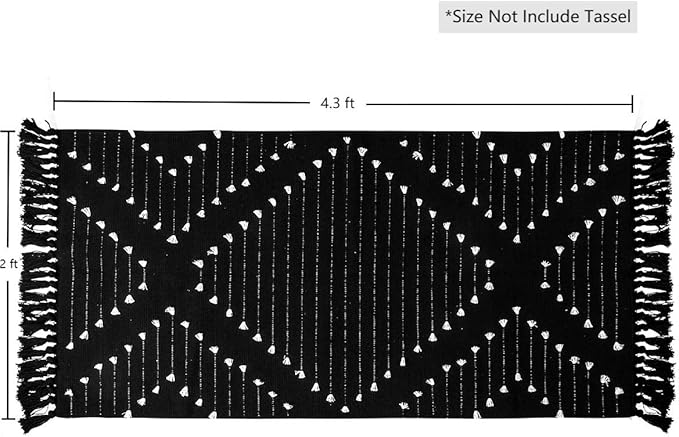 LIVEBOX Boho Kitchen Rug 2' x 4.3' Washable Bathroom Runner with Tassel, Moroccan Black Area Rugs Small Woven Cotton Throw Rug for Entryway Laundry Room Hallway