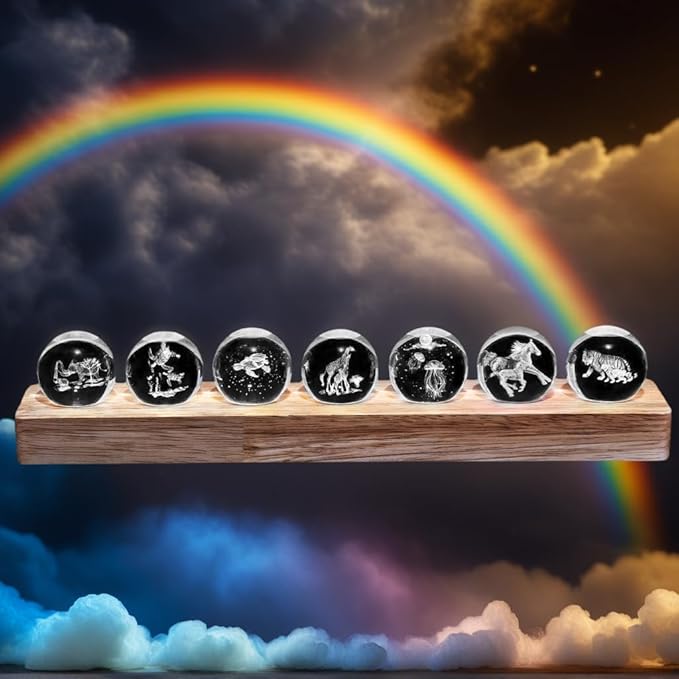 7 Glass Laser Balls with LED Wooden Base 3D Crystal for Mother Son Theme Lights Up as Night Light for Room Decoration, Gifts for Women - Healing Spheres for Meditation in Home Office on Mothers Day