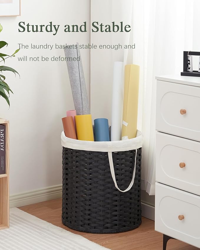 Laundry Hamper Round Laundry Basket 26.5 Gal (100L) Rattan Laundry Hamper, Handwoven Wicker Laundry Basket with Handles Removable Laundry Bag 2 Mesh Bags for Bedroom Laundry Room Black