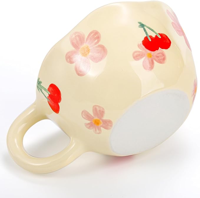 Yopay 2 Pack Ceramic Coffee Mug, 8oz Handmade Hot Chocolate Mugs, Cute Cup for Girl Microwave Safe, Aesthetic Tea Milk Cup with Handle for Latte, Cocoa, Gift, Mom(Cherry flower)