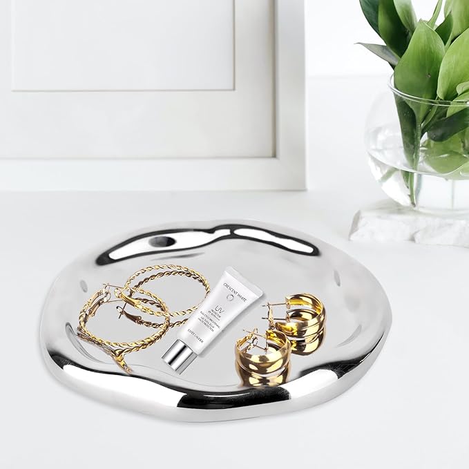 Silver Tray Decorative Vanity Tray Bathroom Tray Jewelry Dish Ceramic Silver Round Plate Holder Makeup Tray Home Organizers Irregular Storage Plate Bathroom organizer (Round)