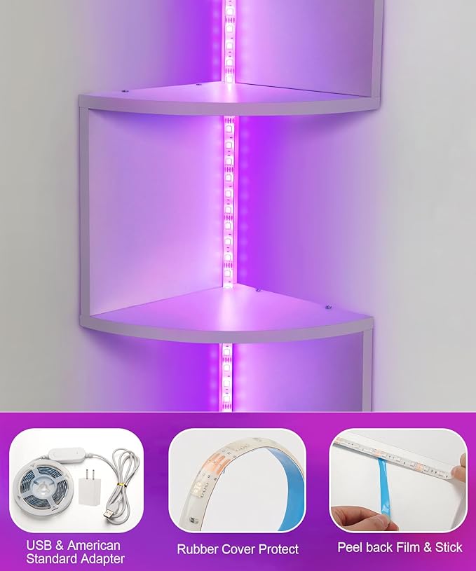 5 Tiers Corner Shelf with RGB LED Lights, 49.2" Wall Mount Floating Corner Display Shelf for Living Room Bedroom Home Office Decor, APP & Remote Control (White)