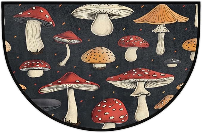 Half Round Door Mat Non Slip Bath Mats Funny Bathroom Rugs Half Circle Carpet for Home Bathroom Laundry Kitchen Decor Mushrooms