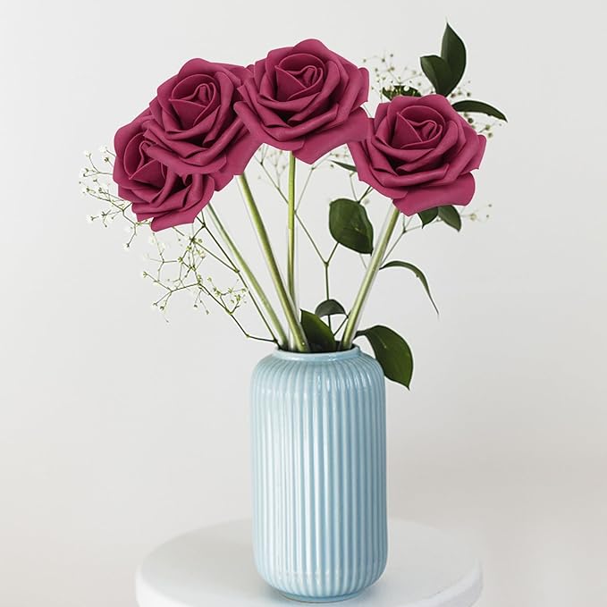 Artificial Flowers 50PCS Burgundy Roses Real Looking Foam Fake Roses with Leaves and for DIY Wedding Bouquets Bridal Shower Centerpieces Party Decorations (Burgundy)
