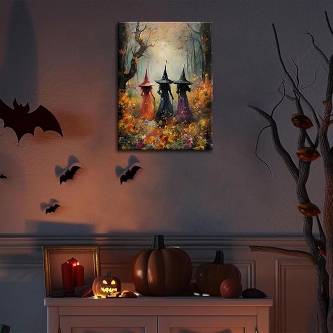 ILLBDR Halloween Vintage Witchy Wall Art Prints Creepy Gothic Dark Moody Pictures Decor Dark Academia Witches Victorian Painting Canvas Posters for Bedroom Bathroom 16x24 inch Framed