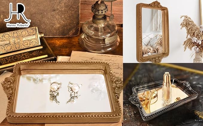 Vintage Black Tray with Mirror Glass Base | Card Holder for Guests During Occasions and Events or Decorative Home and Vanity Organizer
