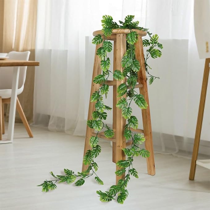 6Pcs Artificial Monstera Leaf Vines, 5.9FT Faux Tropical Monstera Garland Fake Hanging Plant Ivy Palm Leaves Greenery Vine for Garden Porch Patio Jungle Luau Party Beach Birthday Indoor Outdoor Décor