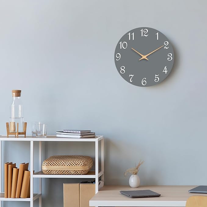 Wall Clock, 10 Inch Modern Wall Clocks Battery Operated, Silent Non Ticking Clock Decorative for Kitchen, Living Room, Bathroom, Office, Bedroom(Gray)