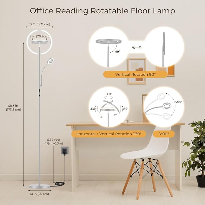 FIMEI 3 in 1 Floor Lamp, Modern Bright Standing Lamp with Split Rotatable Outer Ring Light and Small Reading Light, 4 Color and Dimmable, 3-Way Independent Control for Living Room Office, Gray