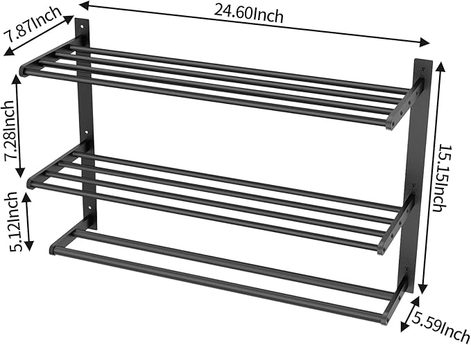 Towel Racks for Bathroom Wall Mounted 24", 3 Tier Bathroom Towel Shelf with Double Towel Bar, Stainless Steel Towel Rack with Towel Shelf, Towel Hanger Holder for Bathroom Towel Storage, Black