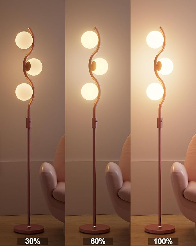 60IN Dimmable (Brightness Adjustable) Pink Floor Lamp, Modern Standing Lamps with 3 Globe Soft Warm White 3000K Bulbs, Mid Century Floor Lamp for Living Room Bedroom Home Decor