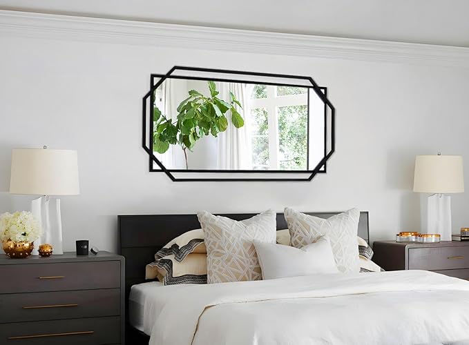 Black Large Decorative Bathroom Wall Mirror for Wall with Metal Frame, Modern Octagonal Horizontal Mirror for Living Room, Bedroom, Entryway (55"x28")