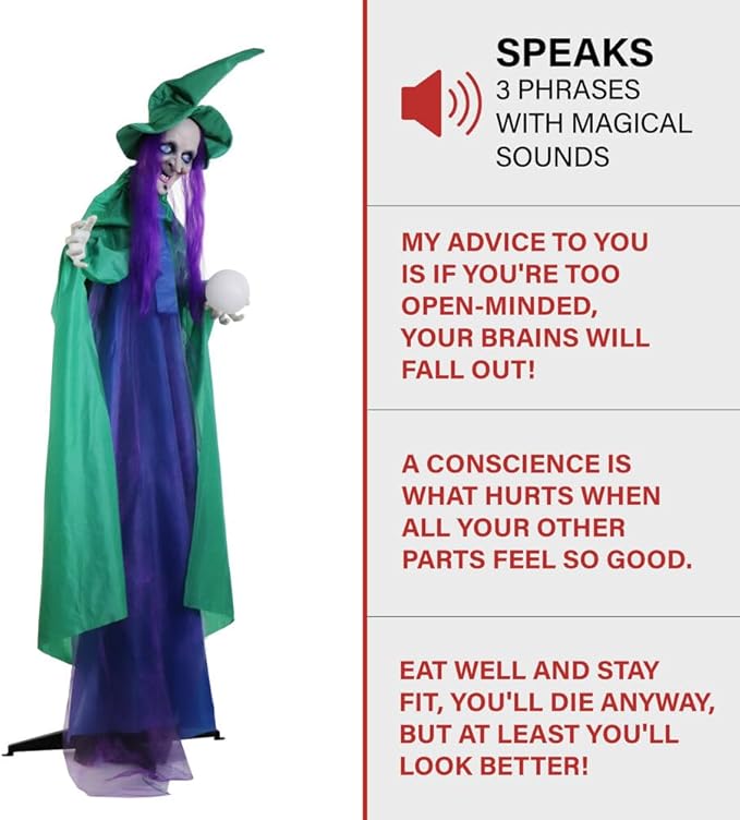 Haunted Hill Farm Talking Fortune Teller Witch Halloween Animatronic with Movement and Light-Up Crystal Ball for Scary Indoor or Covered Outdoor Halloween Decorations, Battery Operated Halloween Props